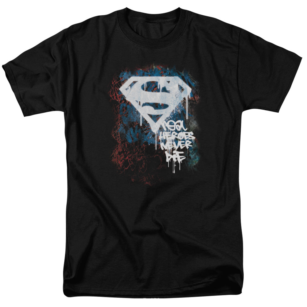 Superman - Real Heroes Never Die - Short Sleeve Adult 18/1 - Black T-shirt