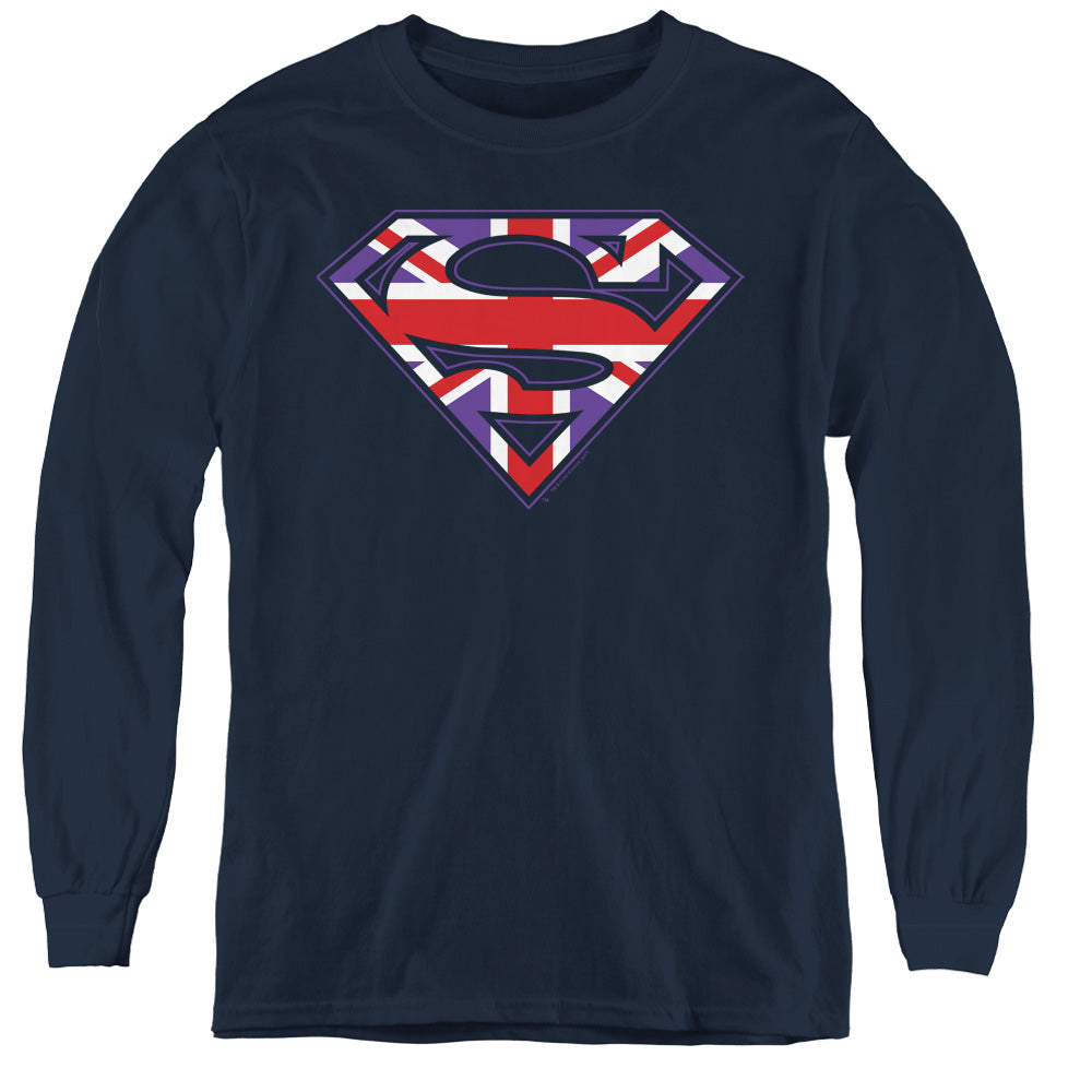 Superman - Great Britian Shield - Youth Long Sleeve Tee - Navy