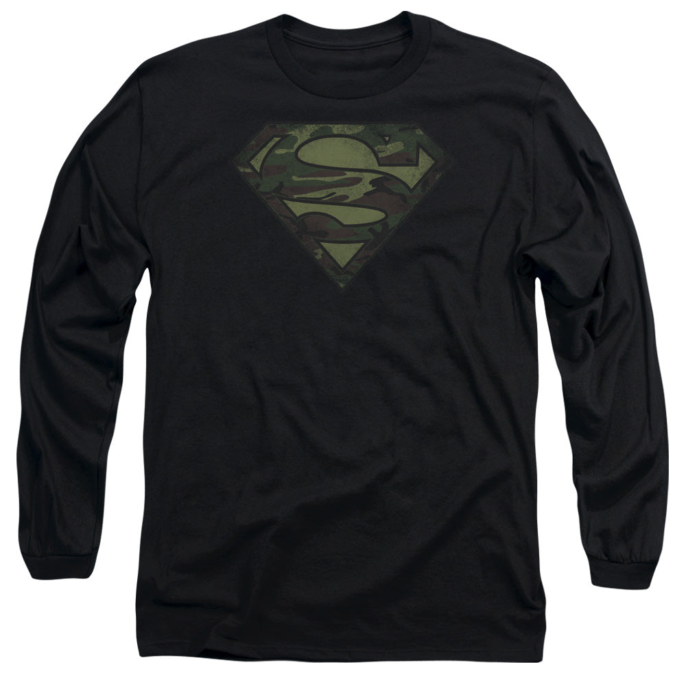 Superman - Camo Logo Distressed - Long Sleeve Adult 18/1 - Black T-shirt