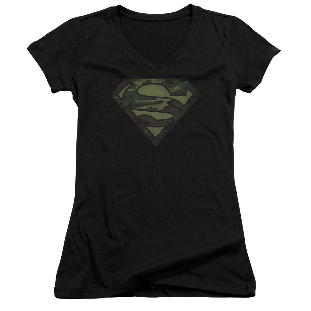 Superman - Camo Logo Distressed - Junior V-neck - Black