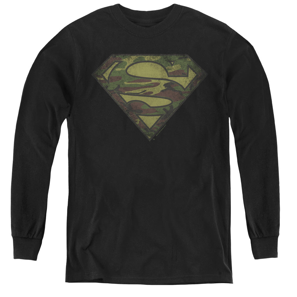 Superman - Camo Logo Distressed - Youth Long Sleeve Tee - Black