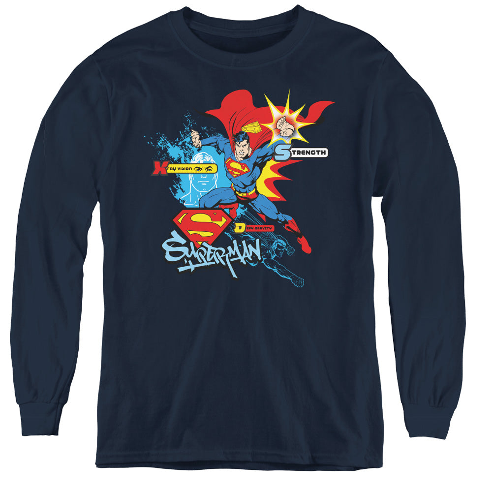 Superman - Abilities - Youth Long Sleeve Tee - Navy
