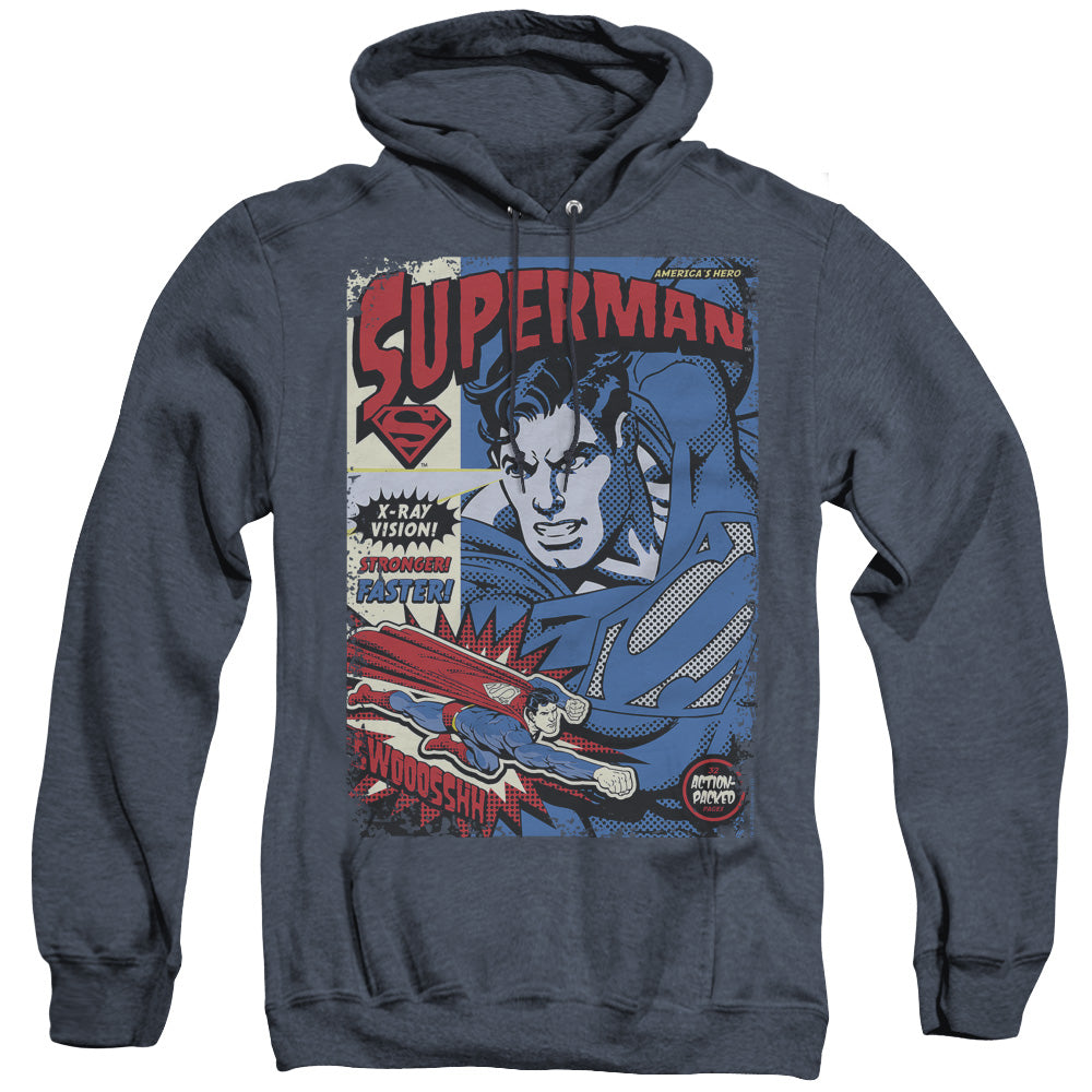 Superman - Action Packed - Adult Heather Hoodie - Navy