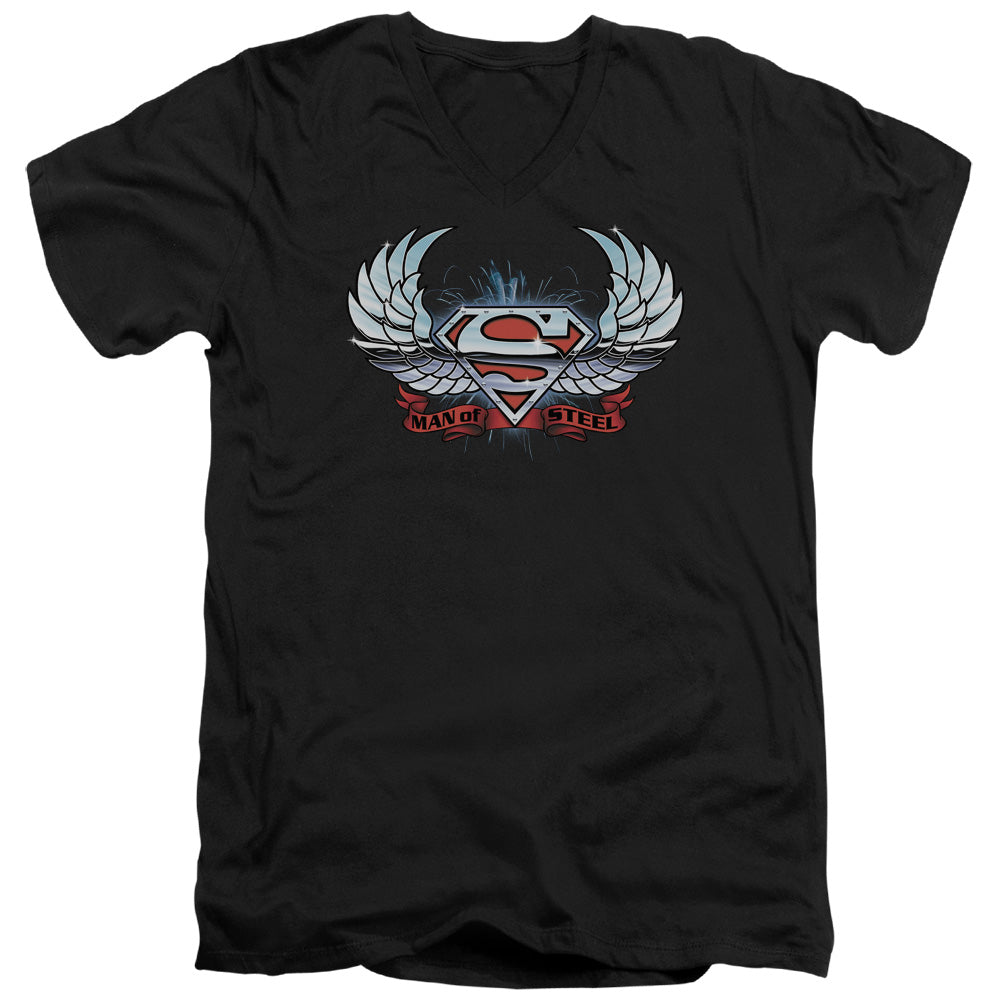 Superman - Chrome Wings Shield - Short Sleeve Adult V-neck - Black T-shirt