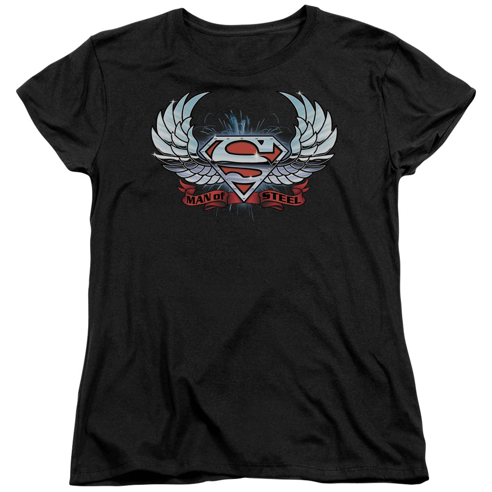 Superman - Chrome Wings Shield - Short Sleeve Womens Tee - Black T-shirt