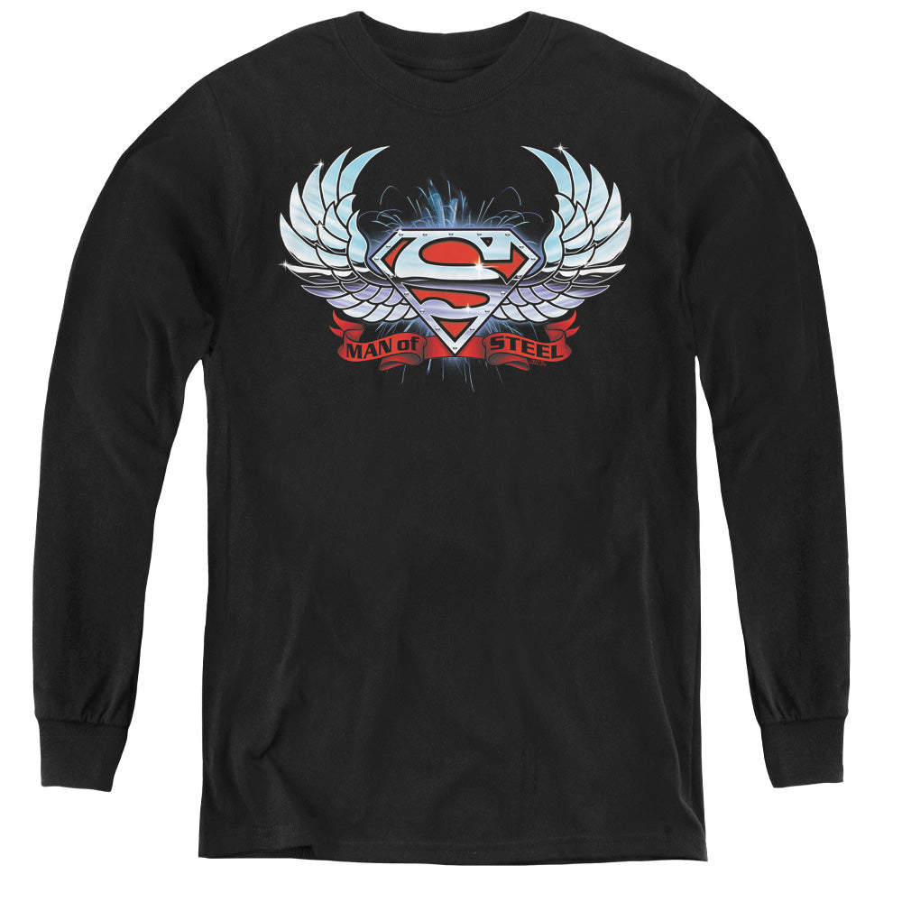 Superman - Chrome Wings Shield - Youth Long Sleeve Tee - Black