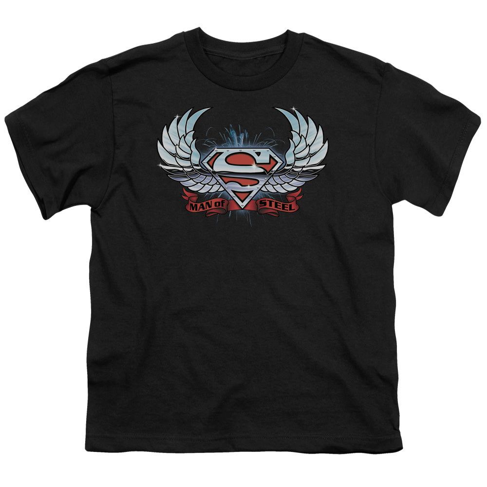 Superman - Chrome Wings Shield - Short Sleeve Youth 18/1 - Black T-shirt