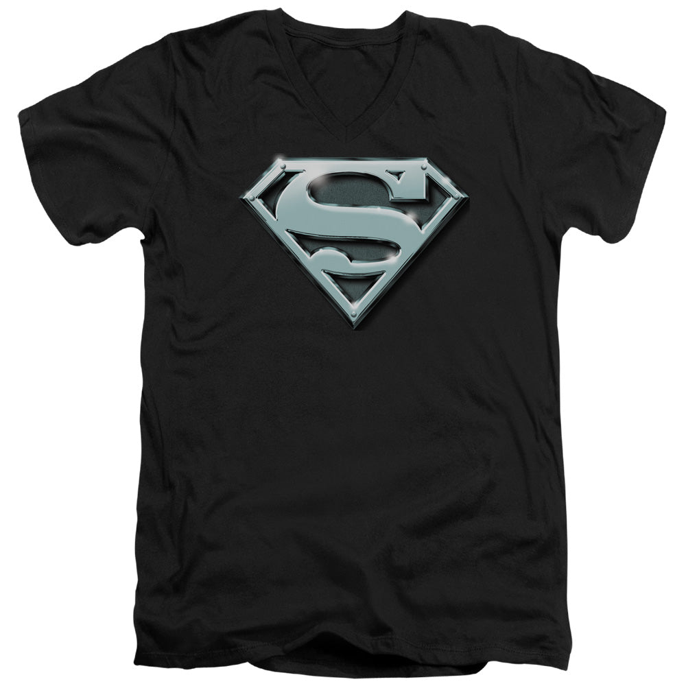 Superman - Chrome Shield - Short Sleeve Adult V-neck - Black T-shirt