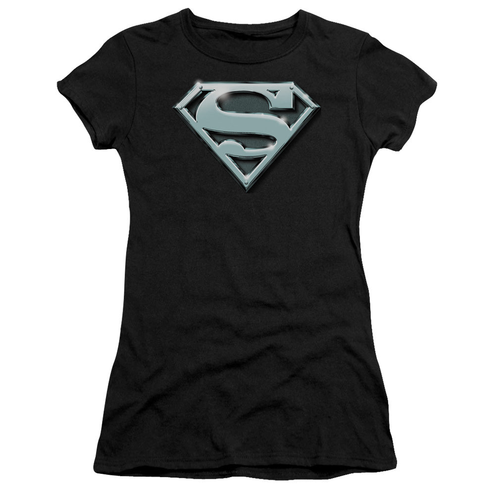 Superman - Chrome Shield - Short Sleeve Junior Sheer - Black T-shirt