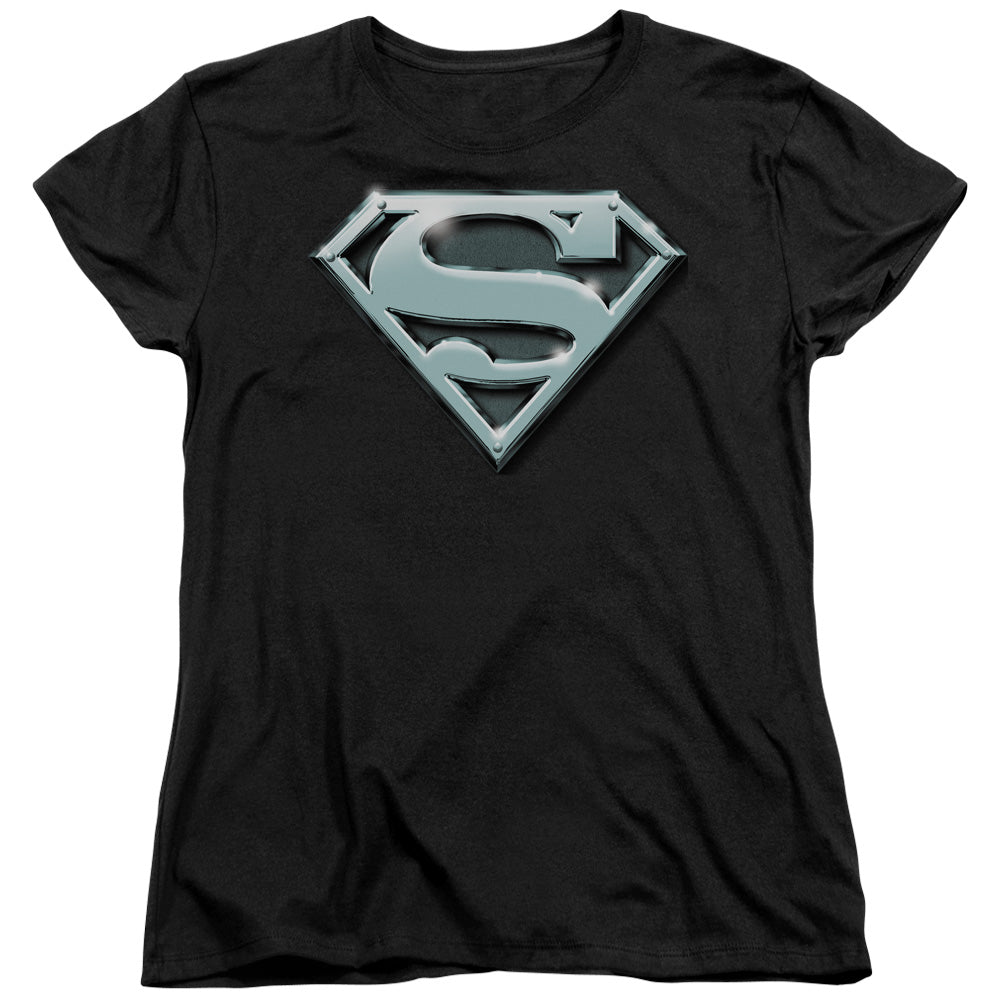 SUPERMAN CHROME SHIELD - S/S WOMENS TEE - BLACK T-Shirt
