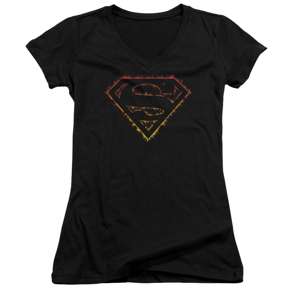 Superman - Flame Outlined Logo - Junior V-neck - Black