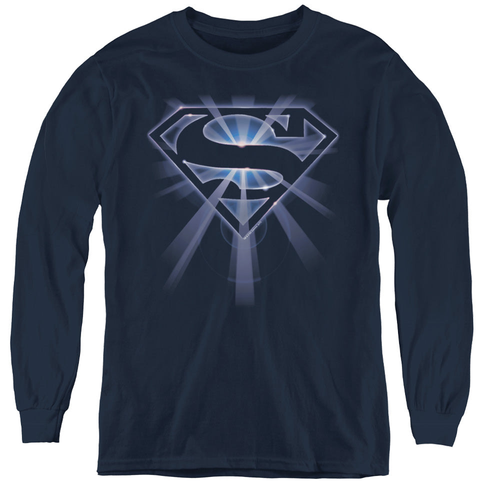 Superman - Glowing Shield - Youth Long Sleeve Tee - Navy