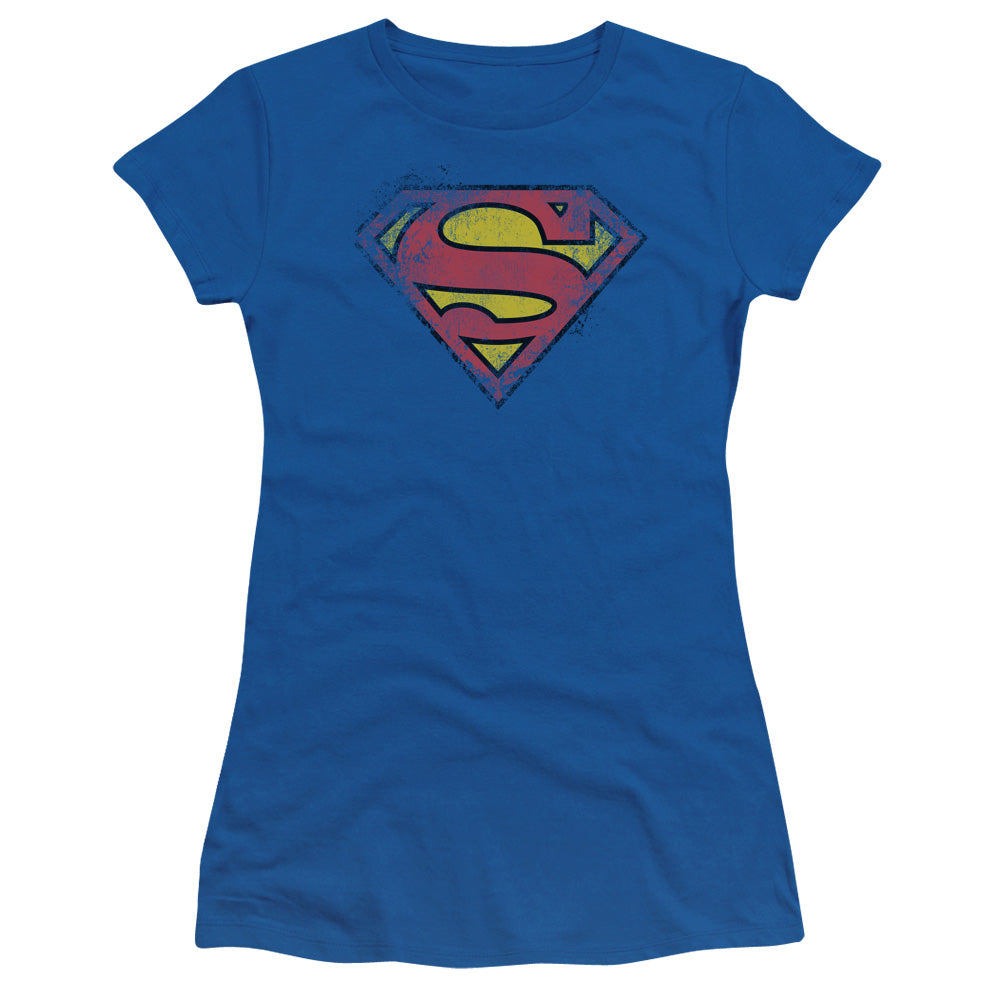 Superman - Destroyed Supes Logo - Short Sleeve Junior Sheer - Royal Blue T-shirt