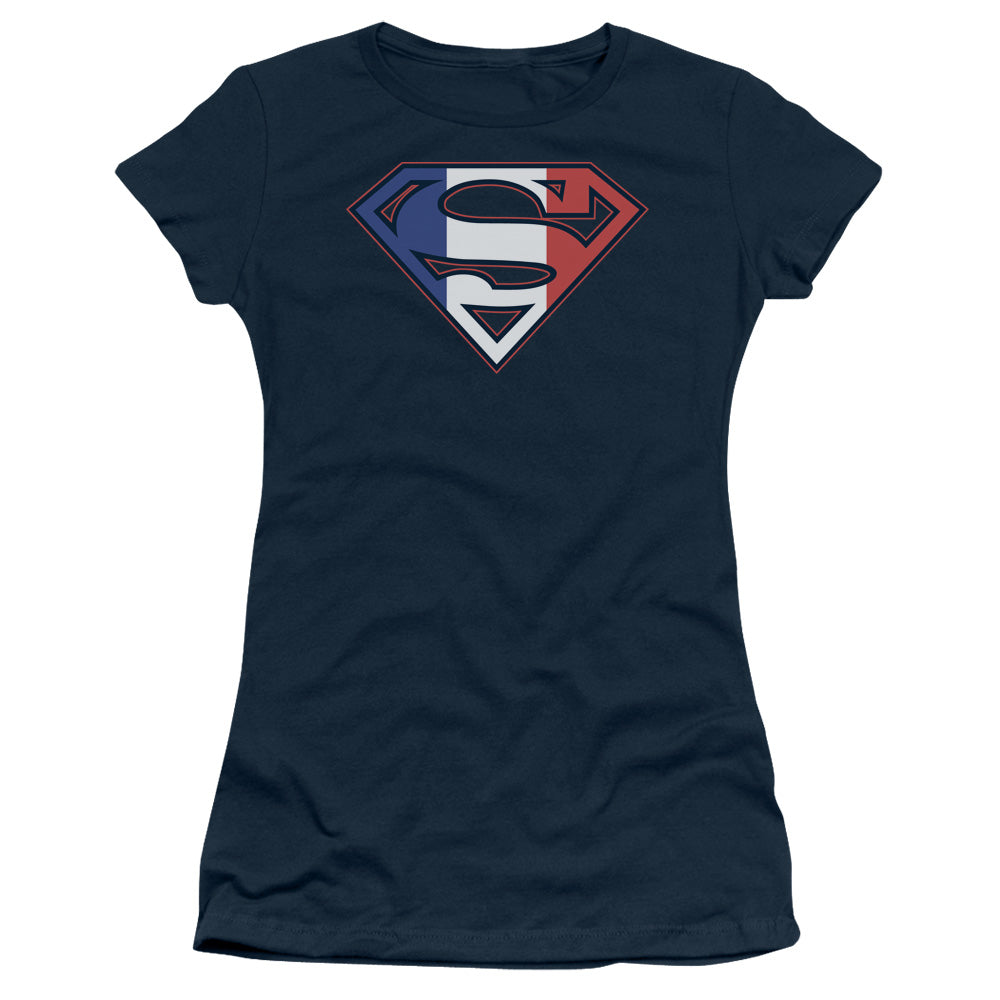 Superman - French Shield - Short Sleeve Junior Sheer - Navy T-shirt