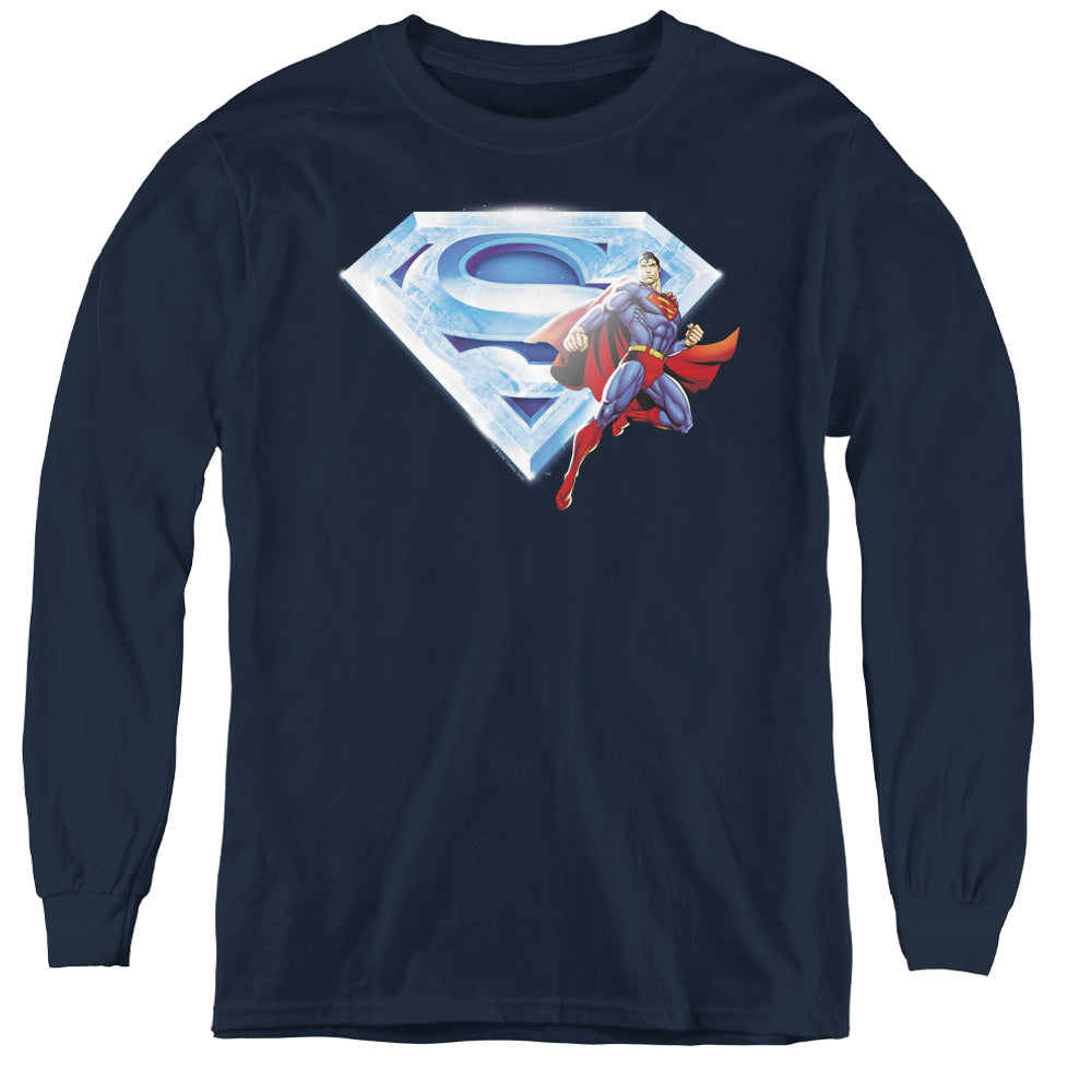 Superman - Superman & Crystal Logo - Youth Long Sleeve Tee - Navy