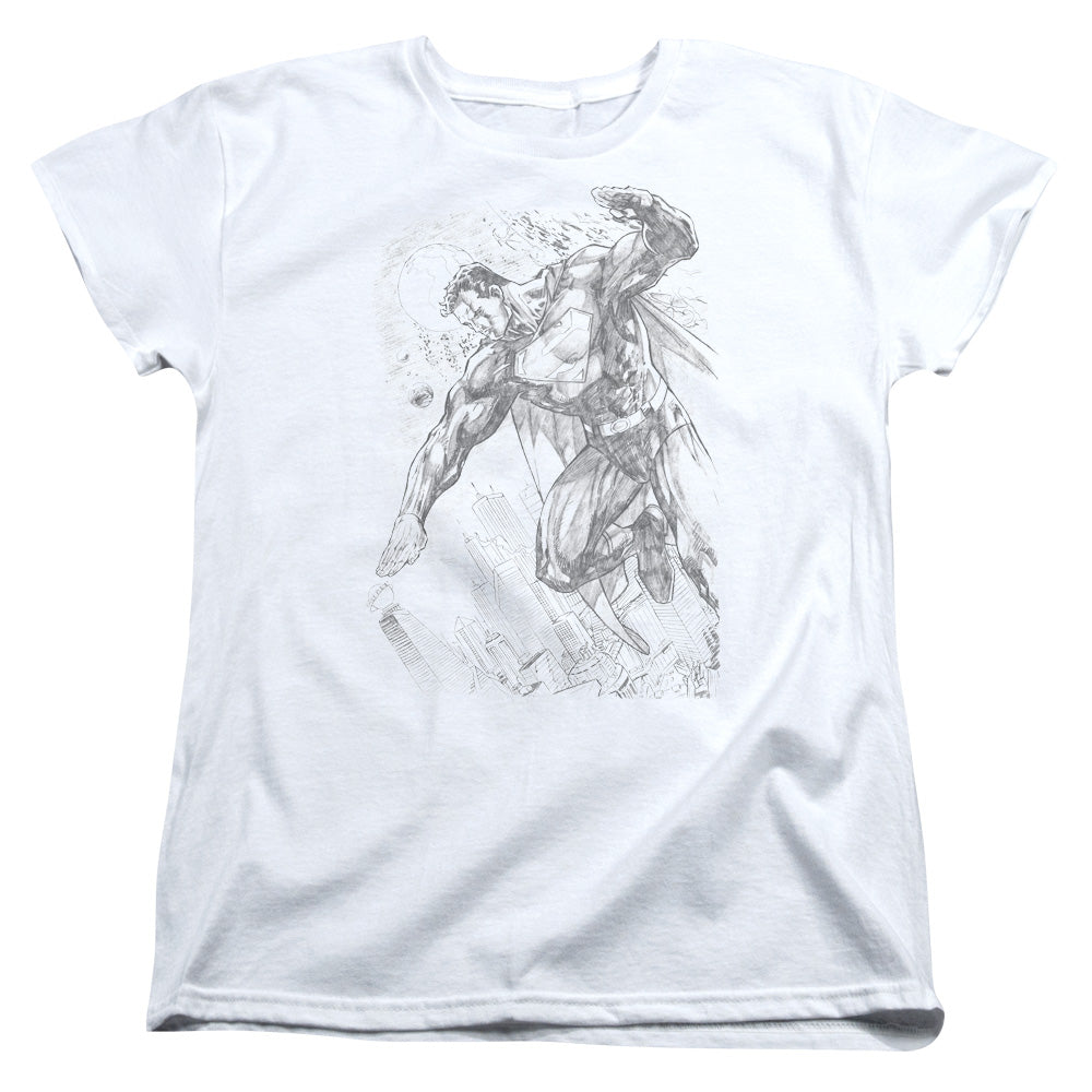 Superman - Pencil City To Space - Short Sleeve Womens Tee - White T-shirt
