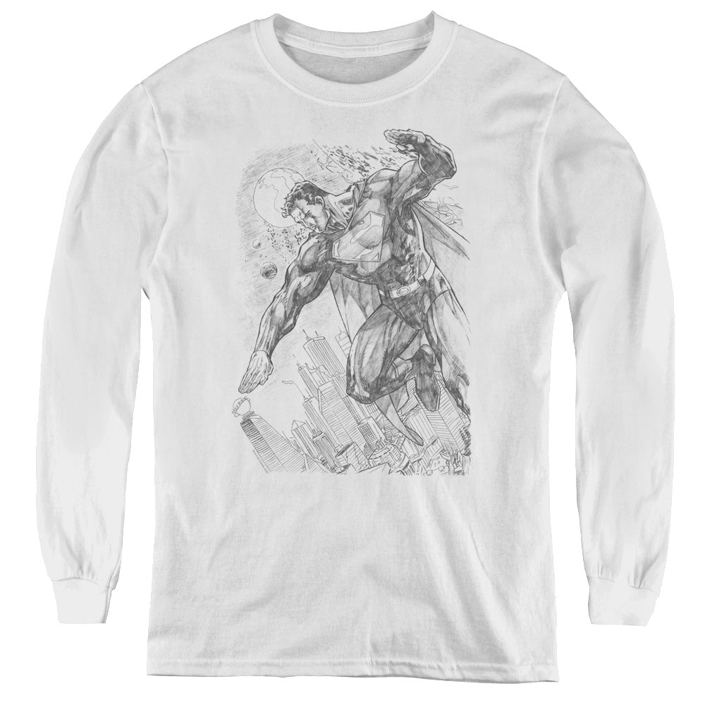 Superman - Pencil City To Space - Youth Long Sleeve Tee - White