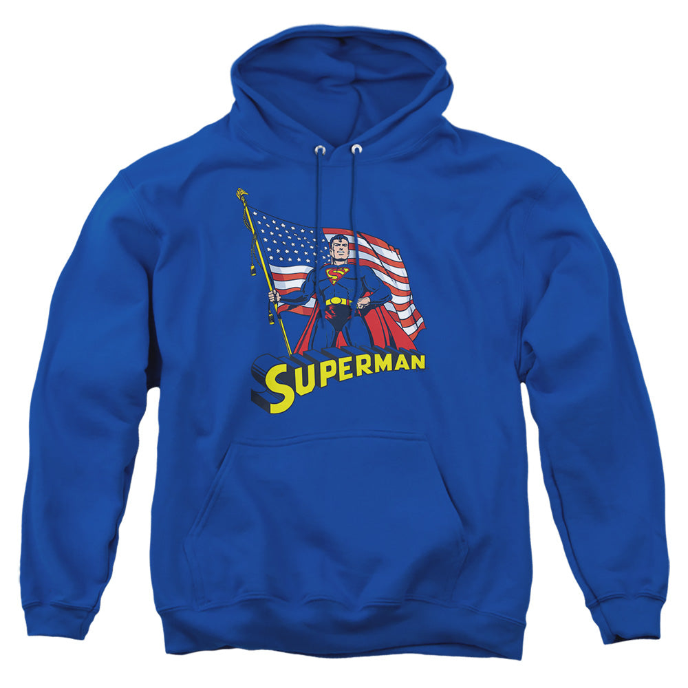 Superman - American Flag - Adult Pull-over Hoodie - Royal Blue