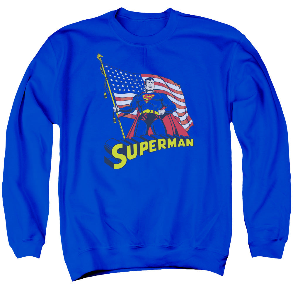 Superman - American Flag - Adult Crewneck Sweatshirt - Royal Blue