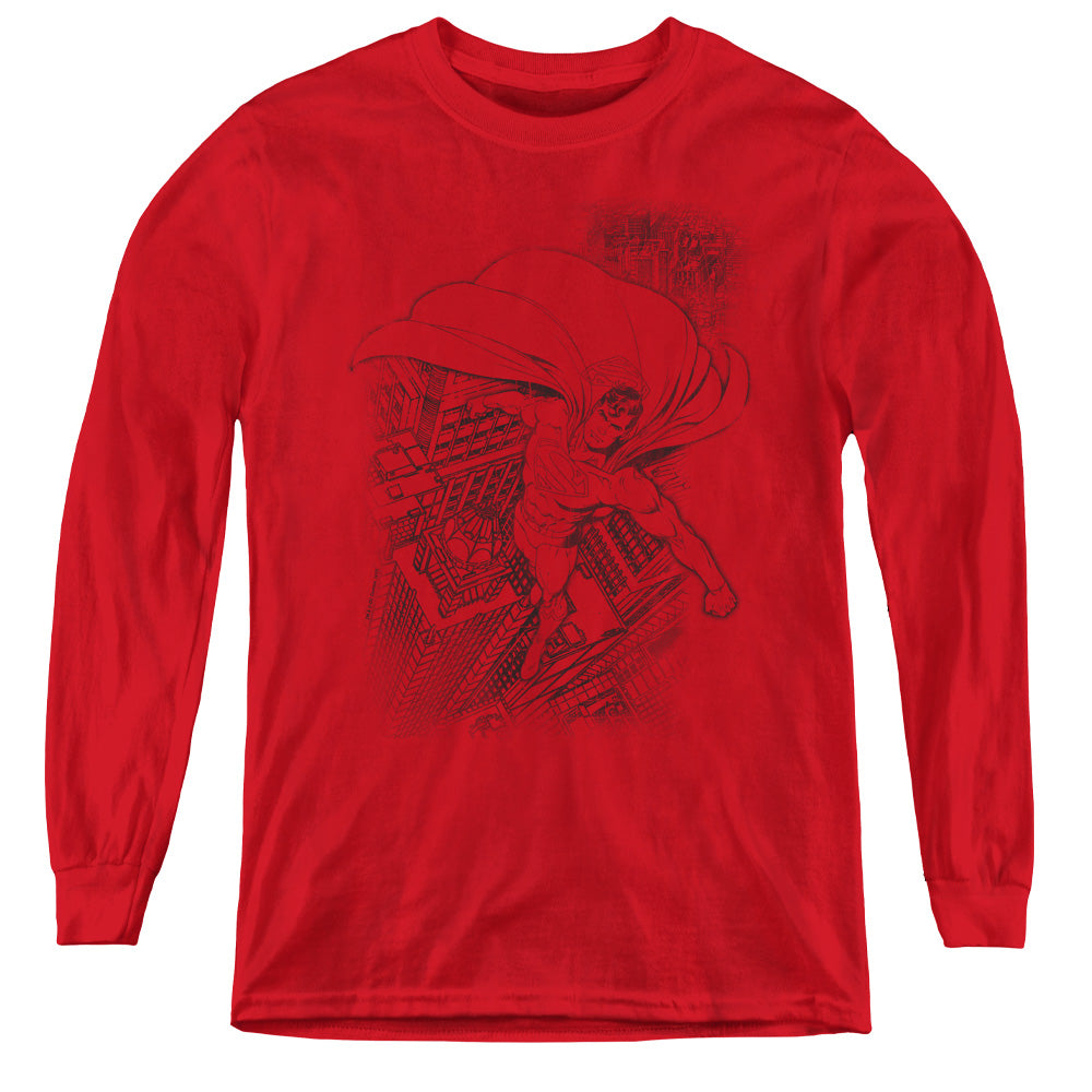 Superman In The City - Youth Long Sleeve Tee - Red
