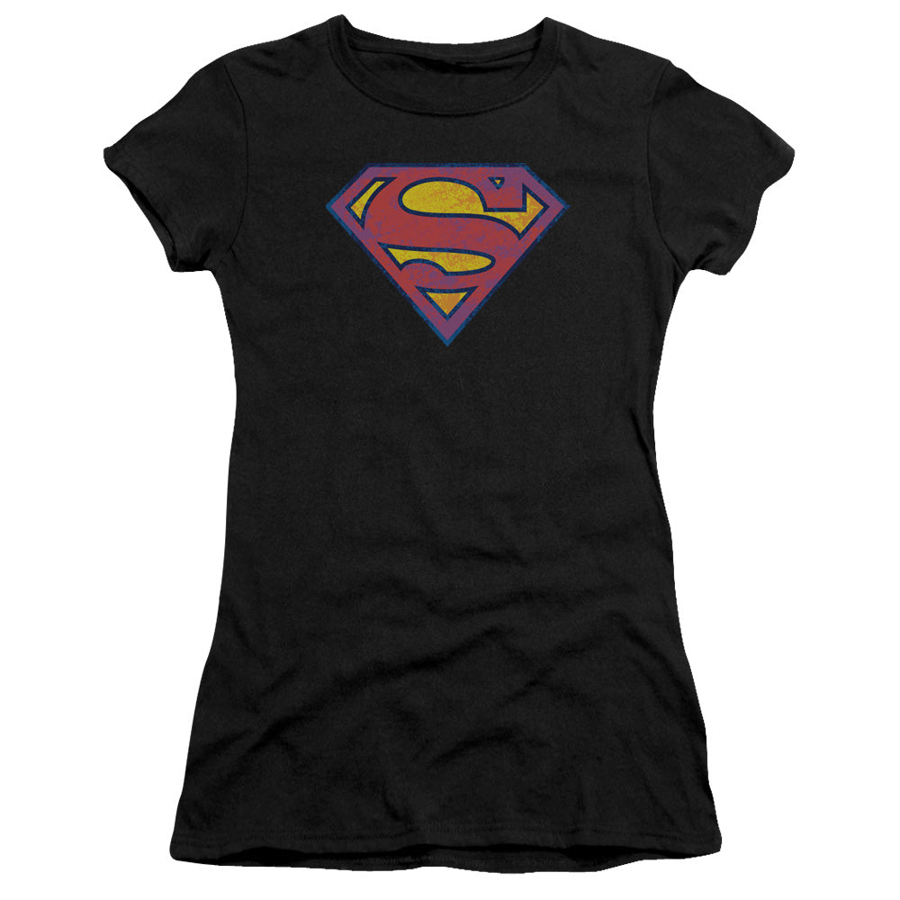 Superman - Sm Neon Distress Logo - Short Sleeve Junior Sheer - Black T-shirt
