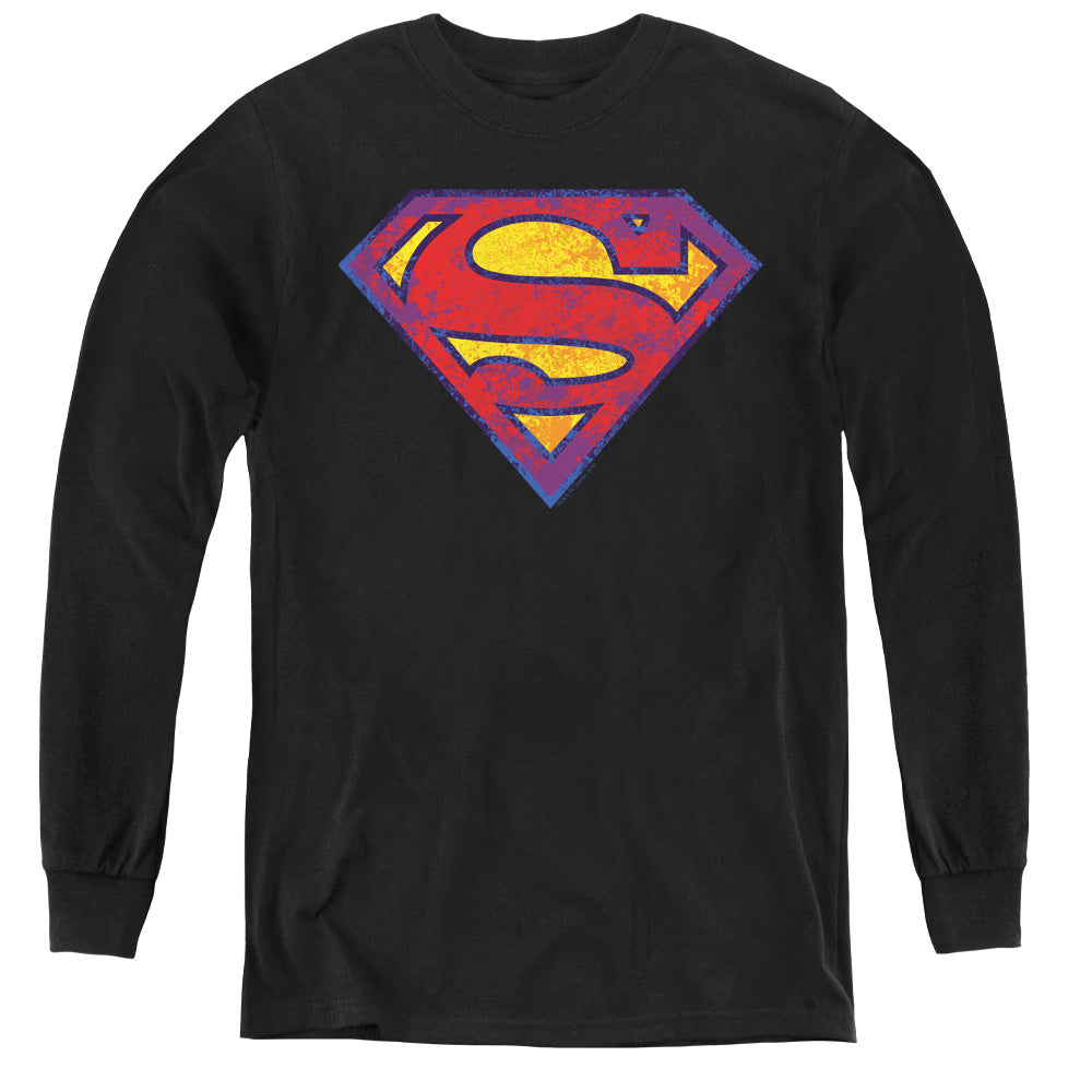 Superman - Sm Neon Distress Logo - Youth Long Sleeve Tee - Black