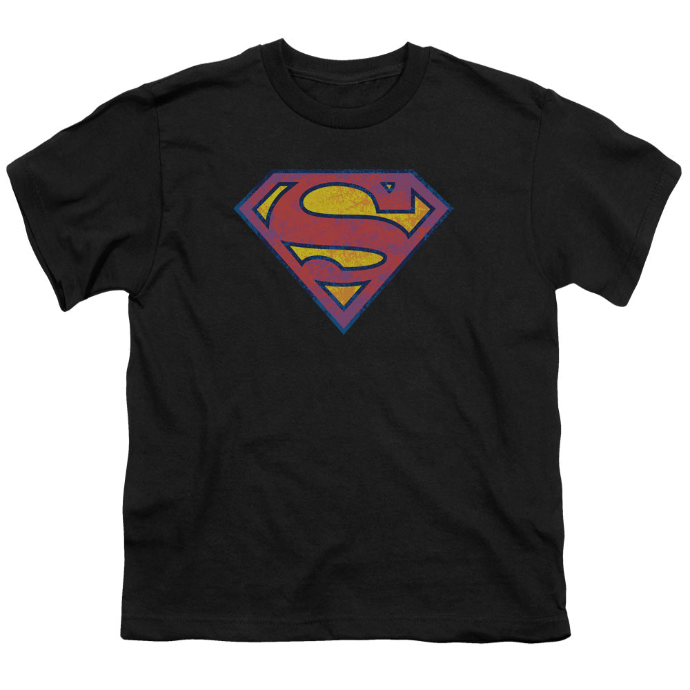 Superman - Sm Neon Distress Logo - Short Sleeve Youth 18/1 - Black T-shirt