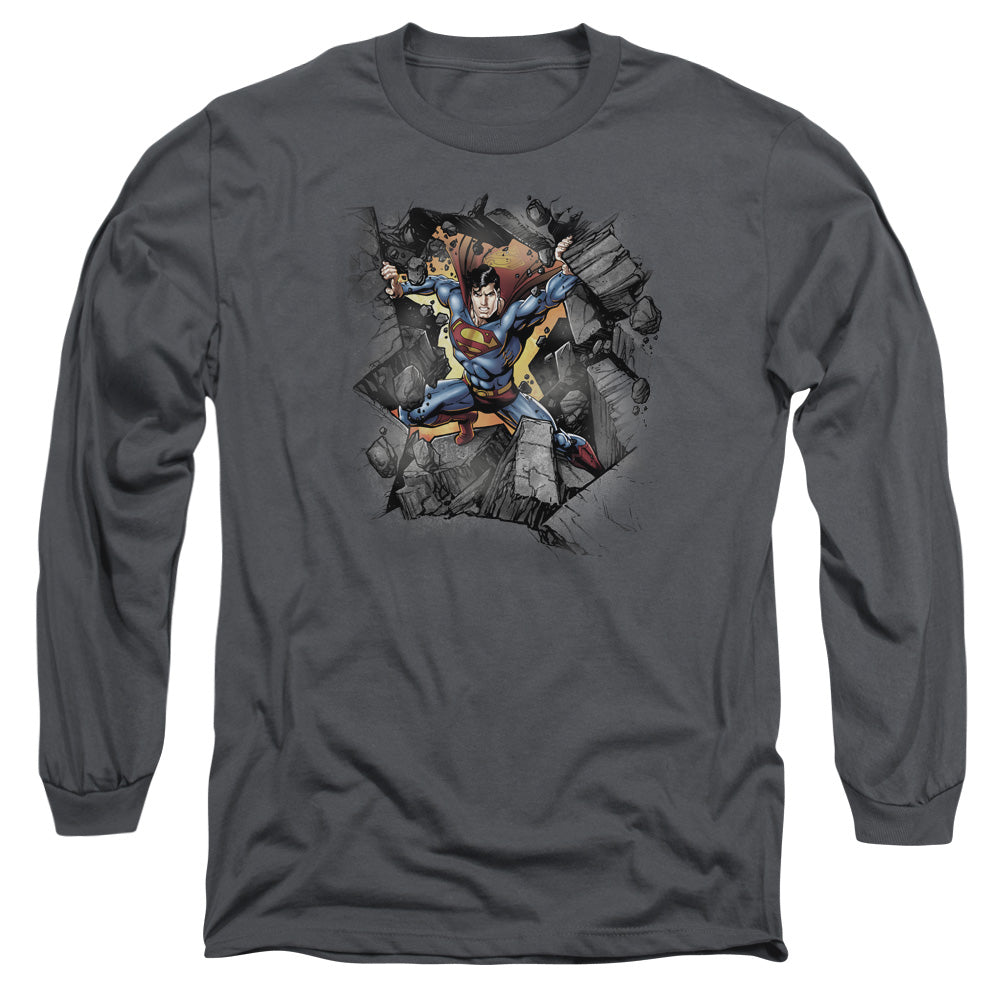 Superman - Break On Through - Long Sleeve Adult 18/1 - Charcoal T-shirt