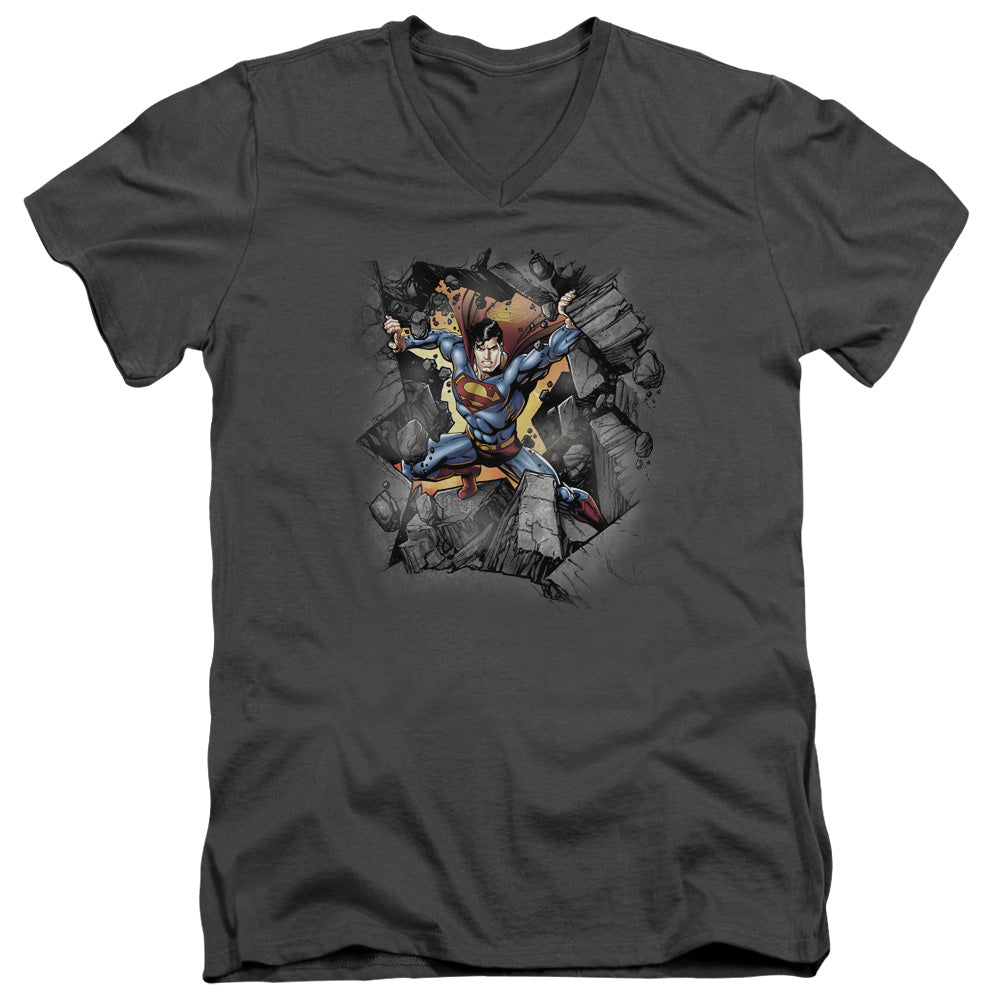 Superman - Break On Through - Short Sleeve Adult V-neck - Charcoal T-shirt