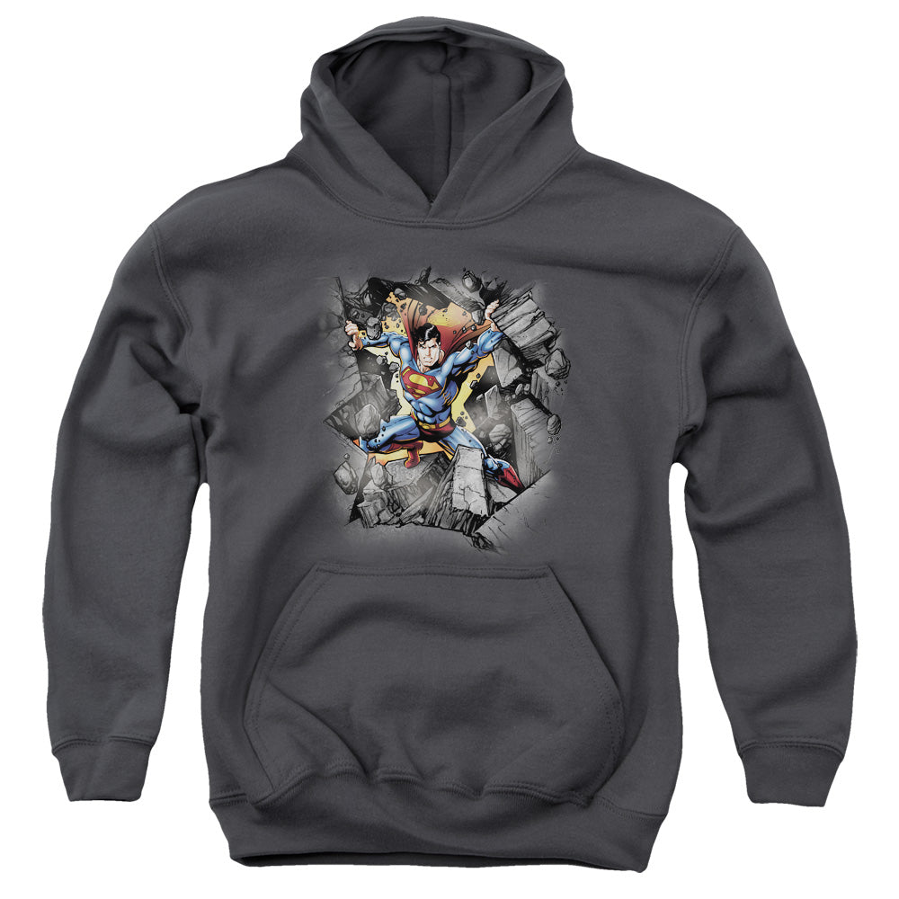 Superman Break On Through-youth Pull-over Hoodie - Charcoal