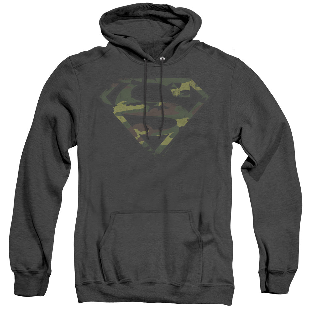 Superman - Distressed Camo Shield - Adult Heather Hoodie - Black