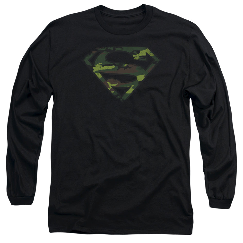 Superman - Distressed Camo Shield - Long Sleeve Adult 18/1 - Black T-shirt