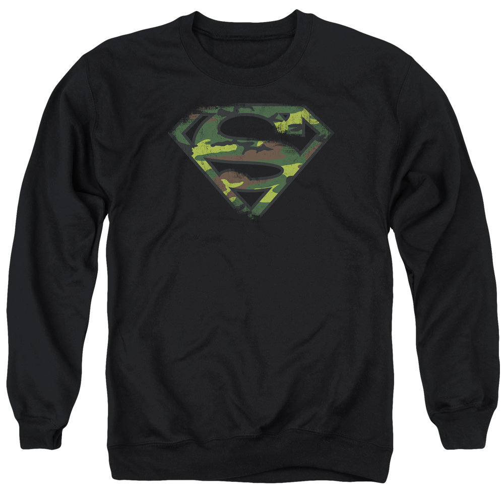 Superman - Distressed Camo Shield - Adult Crewneck Sweatshirt - Black