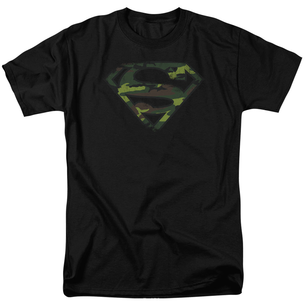 Superman - Distressed Camo Shield - Short Sleeve Adult 18/1 - Black T-shirt