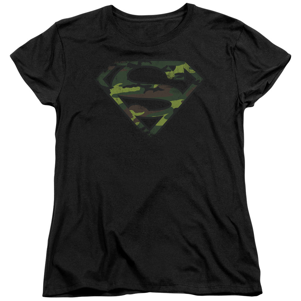 Superman - Distressed Camo Shield - Short Sleeve Women"s Tee - Black T-shirt