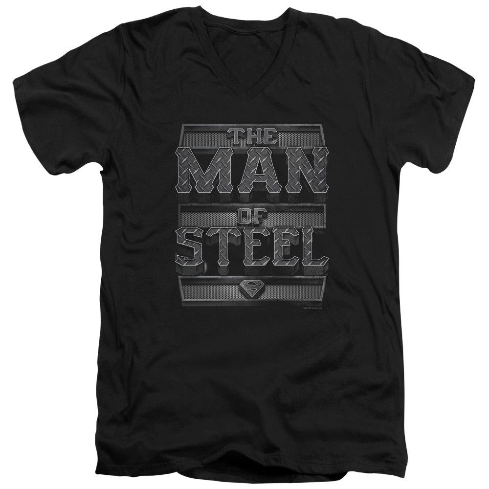 Superman - Steel Text - Short Sleeve Adult V-neck - Black T-shirt