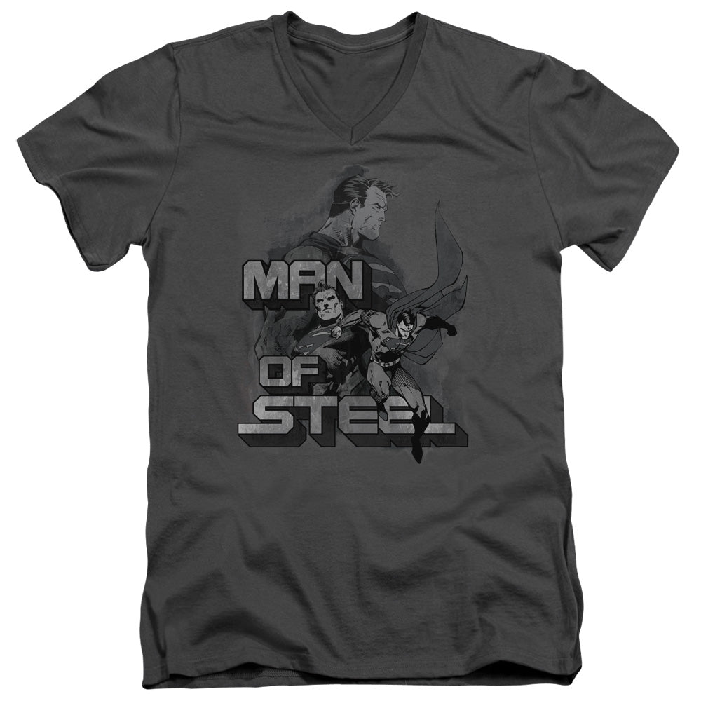 Superman - Steel Poses - Short Sleeve Adult V-neck - Charcoal T-shirt