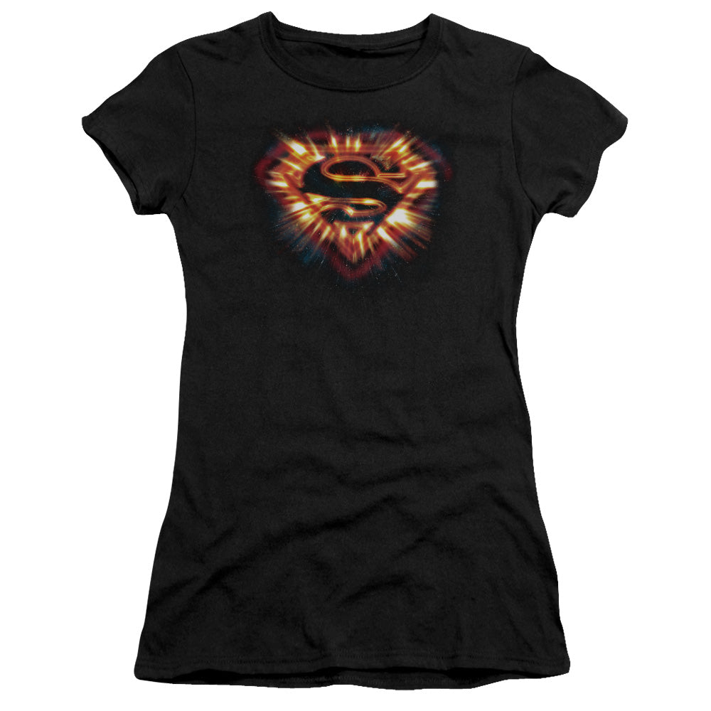 Superman - Space Burst Shield - Short Sleeve Junior Sheer - Black T-shirt