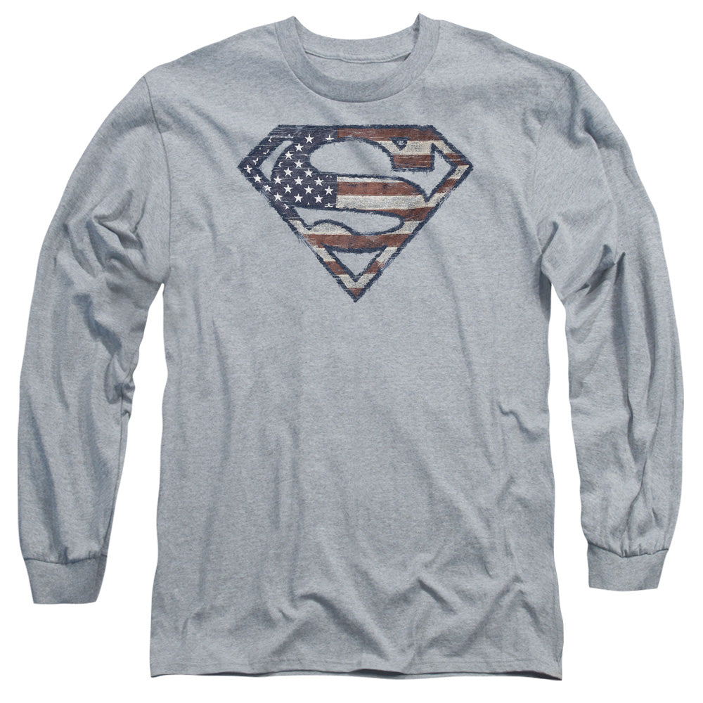 Superman - Wartorn Flag - Long Sleeve Adult 18/1 - Athletic Heather T-shirt