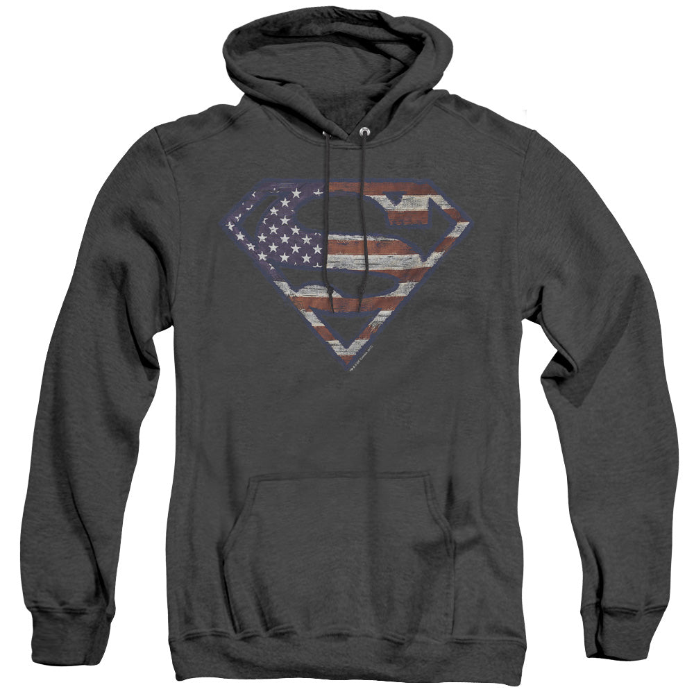 Superman - Wartorn Flag - Adult Heather Hoodie - Black