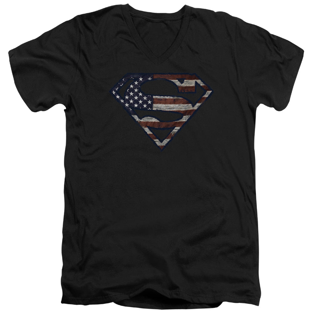 Superman - Wartorn Flag - Short Sleeve Adult V-neck 30/1 - Black T-shirt