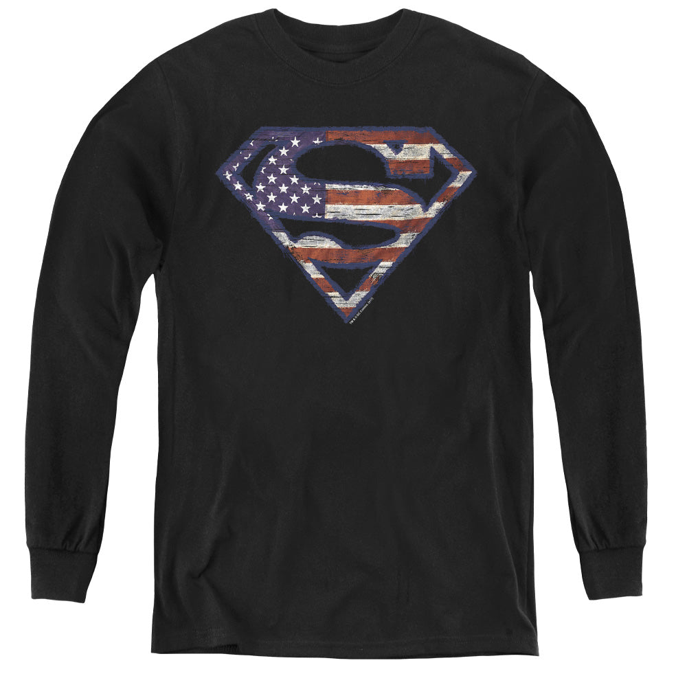 Superman - Wartorn Flag - Youth Long Sleeve Tee - Black