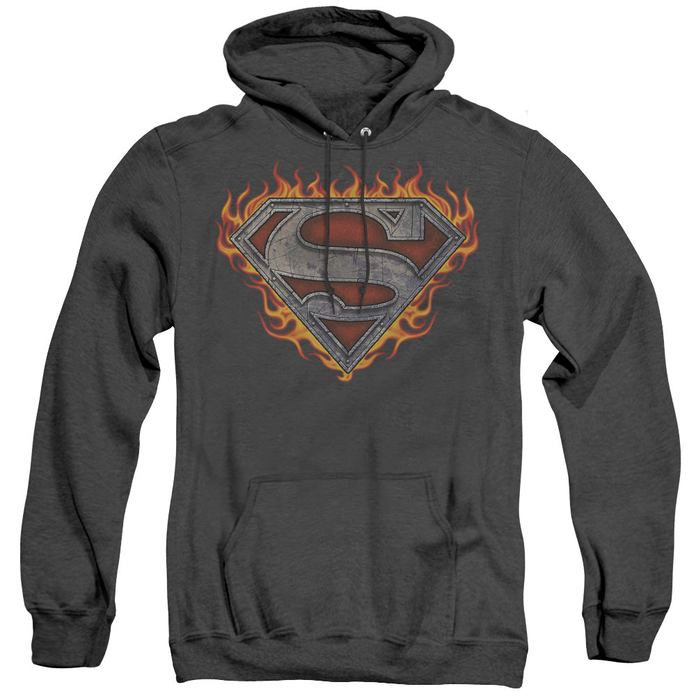 Superman - Iron Fire Shield - Adult Heather Hoodie - Black