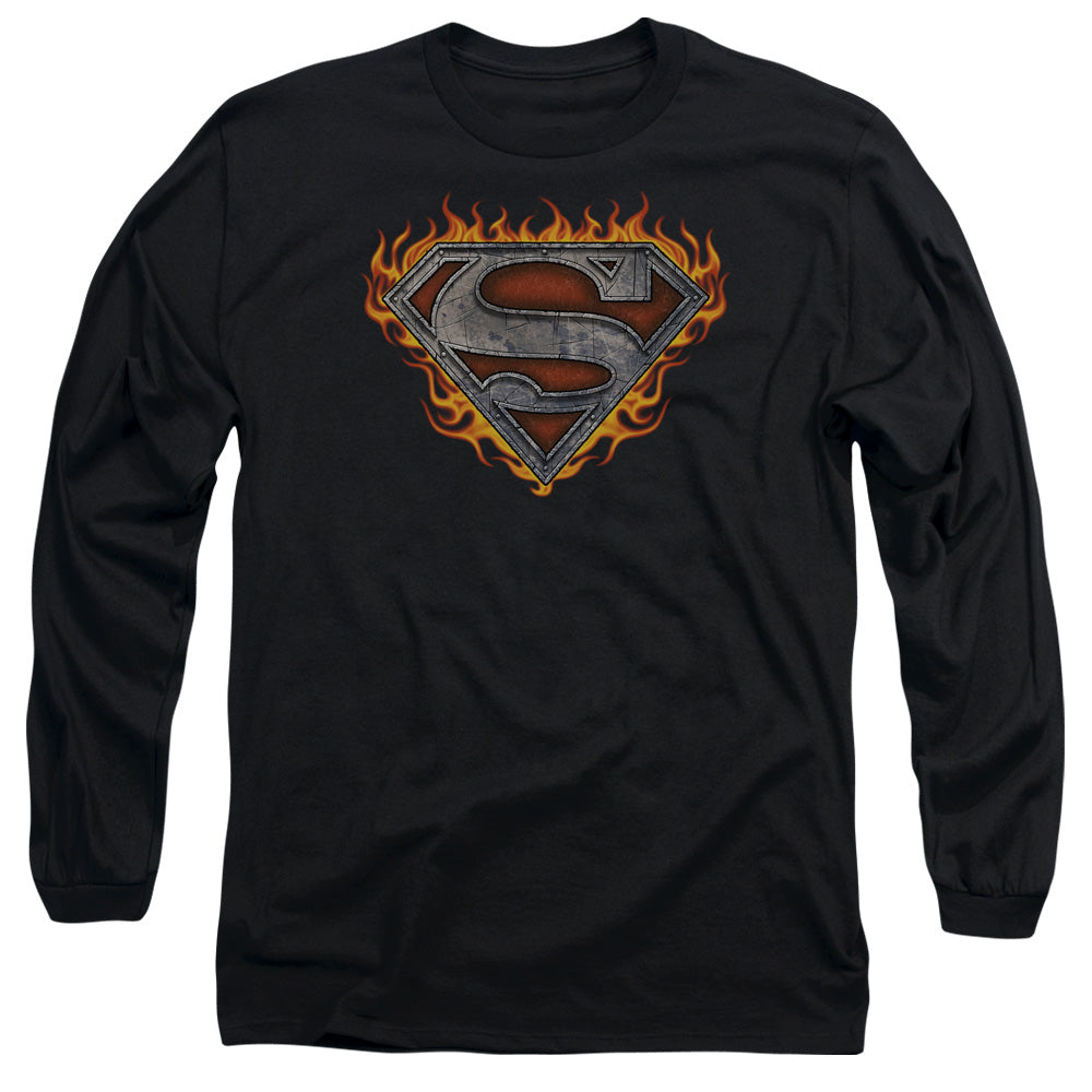 Superman - Iron Fire Shield - Long Sleeve Adult 18/1 - Black T-shirt