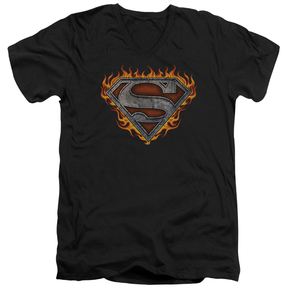 Superman - Iron Fire Shield - Short Sleeve Adult V-neck - Black T-shirt