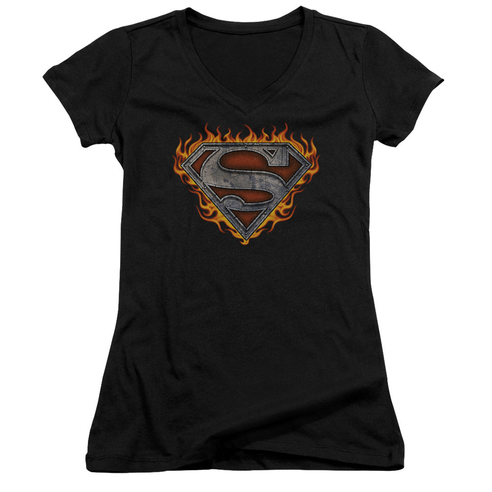 Superman - Iron Fire Shield - Junior V-neck - Black
