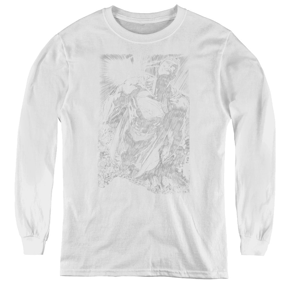 Superman - Exploding Space Sketch - Youth Long Sleeve Tee - White