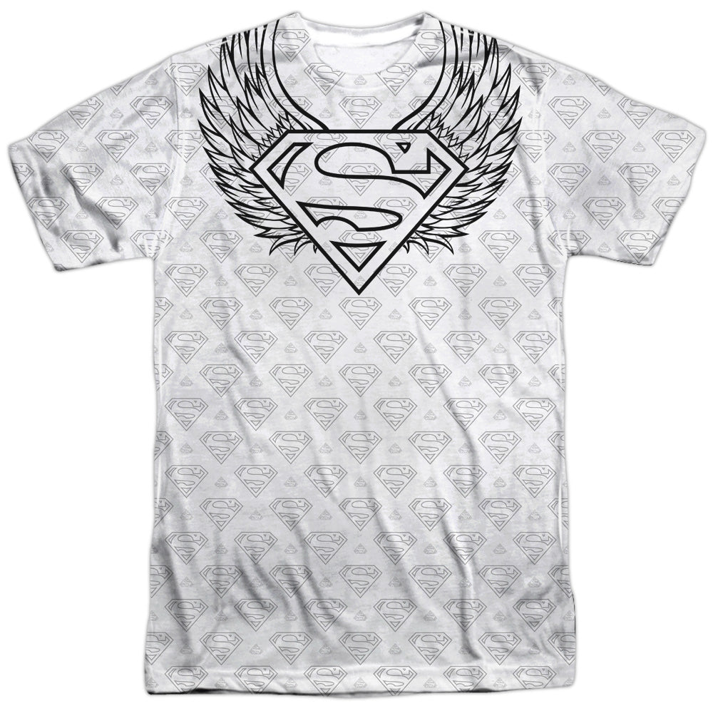 Superman - Winged Shield Repeat - Short Sleeve Adult 100% Poly Crew - White T-shirt
