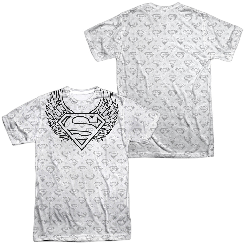 Superman - Winged Shield Repeat (Front/back Print) - Short Sleeve Adult 100% Poly Crew - White T-shirt