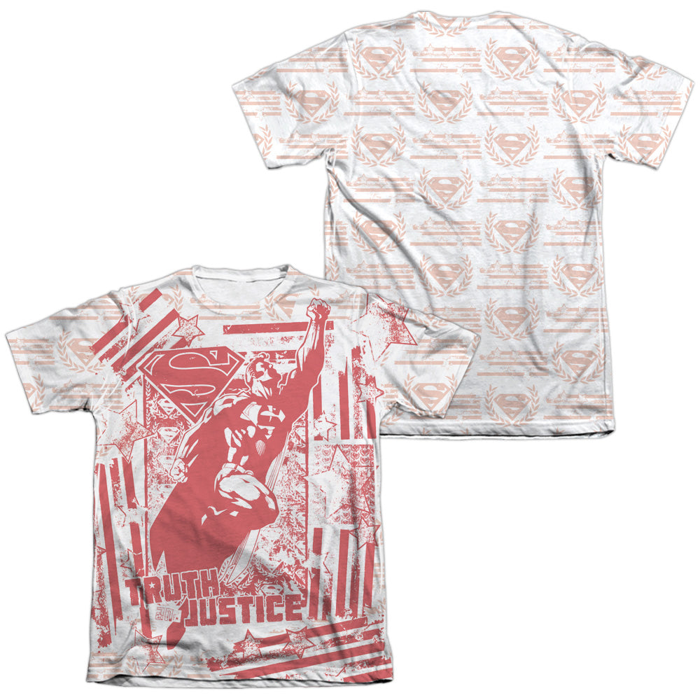 Superman - Truth And Justice All Over (Front/back Print) - Adult 65/35 Poly/cotton Short Sleeve Tee - White T-shirt